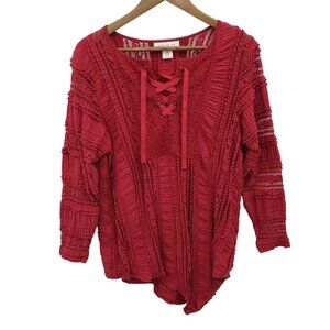 Skye's‎ The Limit Red Lace-Up Textured Boho Blouse Womens Petite Large Festival